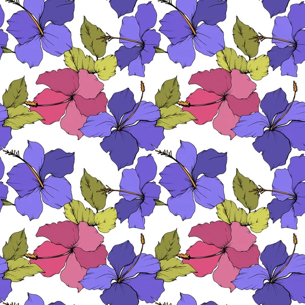 Vector Hibiscus flor botânica floral. Arte de tinta gravada. Padrão de fundo sem costura. Tecido papel de parede impressão textura . —  Vetores de Stock