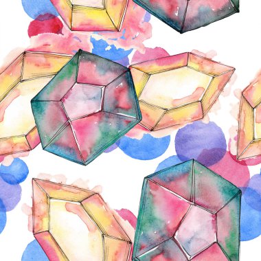 Renkli elmas taş takı mineraller. Suluboya kristal taş arka plan ayarlayın. Sorunsuz arka plan deseni.