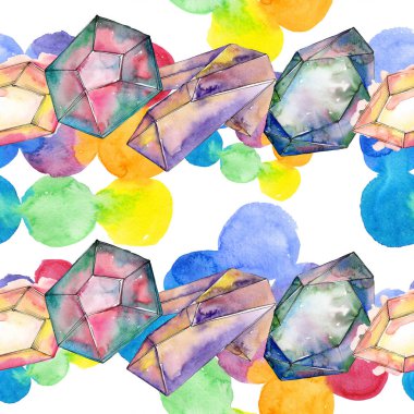 Renkli elmas taş takı mineraller. Suluboya kristal taş arka plan ayarlayın. Sorunsuz arka plan deseni.