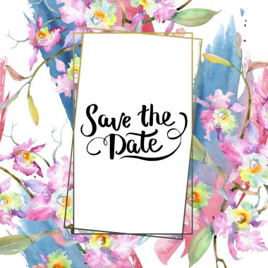 Pembe orkide buketi. Botanik çiçek çiçekler. Suluboya arka plan illüstrasyon küme. Çerçeve kenarlığı süsleme Meydanı.