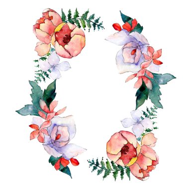 Buketler çiçek botanik çiçekler. Suluboya arka plan illüstrasyon küme. Çerçeve kenarlığı süsleme Meydanı.