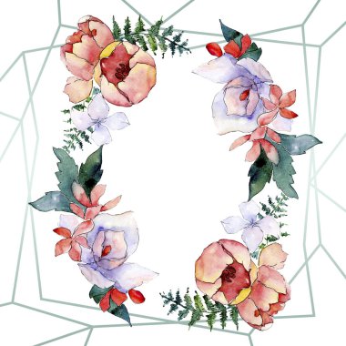 Buketler çiçek botanik çiçekler. Suluboya arka plan illüstrasyon küme. Çerçeve kenarlığı kristal süsleme Meydanı.