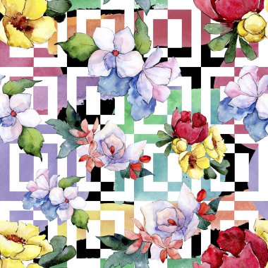 Buketler çiçek botanik çiçekler. Vahşi bahar yaprak izole. Suluboya resim kümesi. Sorunsuz arka plan deseni.