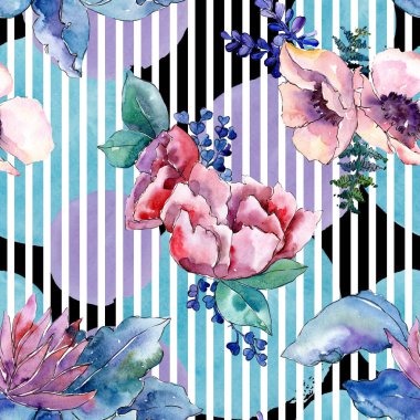 Mor buket botanik çiçek. Suluboya arka plan illüstrasyon küme. Sorunsuz arka plan deseni.
