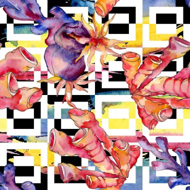 Renkli su sualtı doğa mercan kayalığı. Suluboya arka plan illüstrasyon küme. Sorunsuz arka plan deseni.