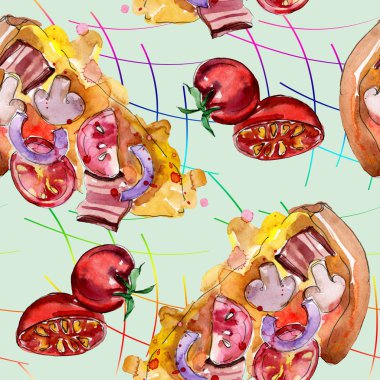 Fast food itallian pizza izole bir suluboya tarzında ayarlayın. Suluboya sorunsuz arka plan deseni.