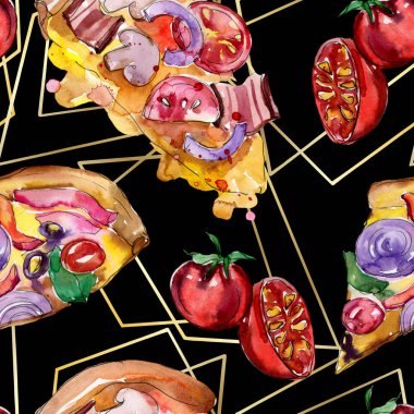 Fast food itallian pizza izole bir suluboya tarzında ayarlayın. Suluboya sorunsuz arka plan deseni.