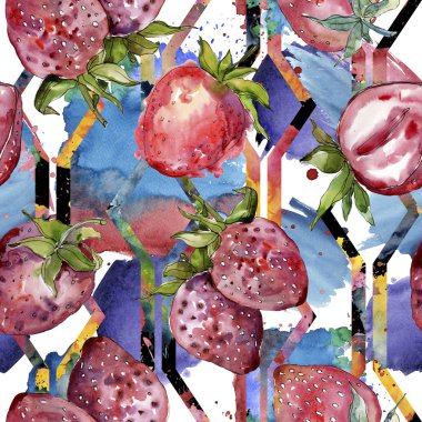 Çilek sağlıklı gıda izole bir suluboya tarzında. Suluboya resim kümesi. Sorunsuz arka plan deseni.