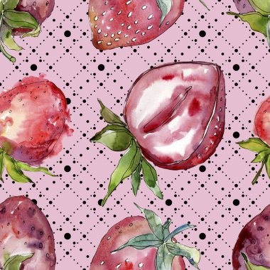 Çilek sağlıklı gıda izole bir suluboya tarzında. Suluboya resim kümesi. Sorunsuz arka plan deseni.