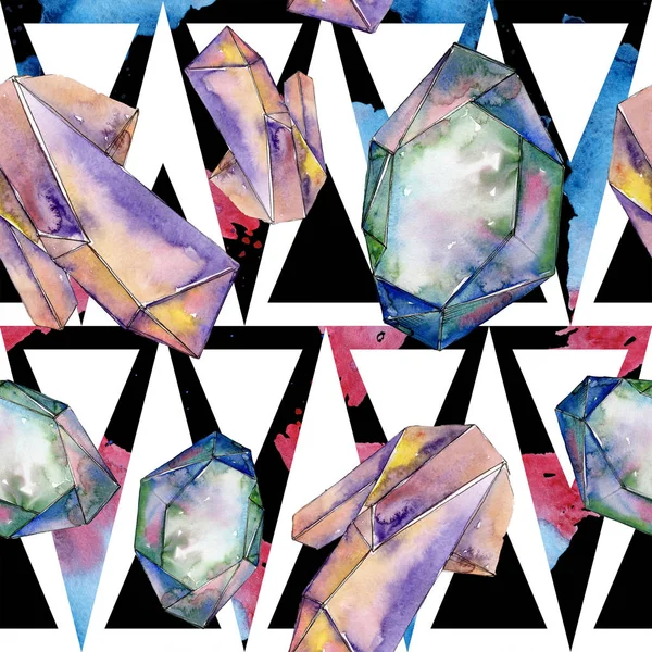 Colorati minerali gioielli diamante roccia. Acquerello cristallo pietra sfondo set. Modello di sfondo senza soluzione di continuità . — Foto Stock