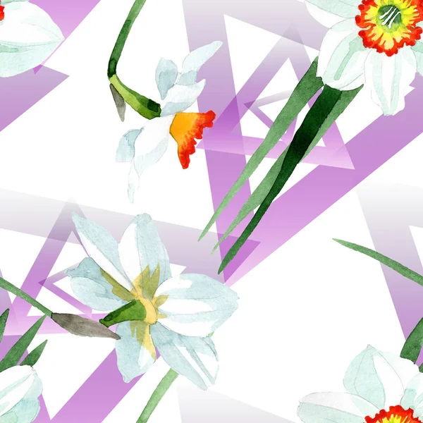 Narciso blanco flor botánica floral. Conjunto de ilustración de fondo acuarela. Patrón de fondo sin costuras . — Foto de Stock