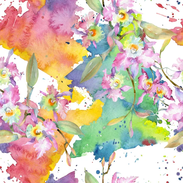 Buquê de orquídea rosa. Flores botânicas florais. Conjunto de ilustração de fundo aquarela. Padrão de fundo sem costura . — Fotografia de Stock