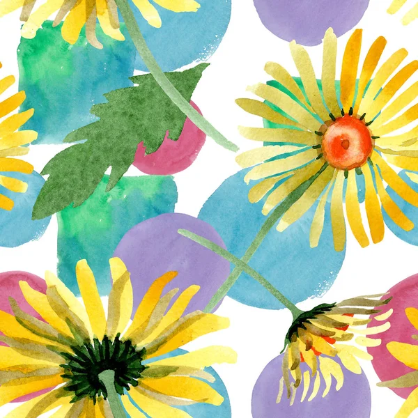 Yellow daisy floral botanical flowers. Watercolor background illustration set. Seamless background pattern. — Stock Photo, Image