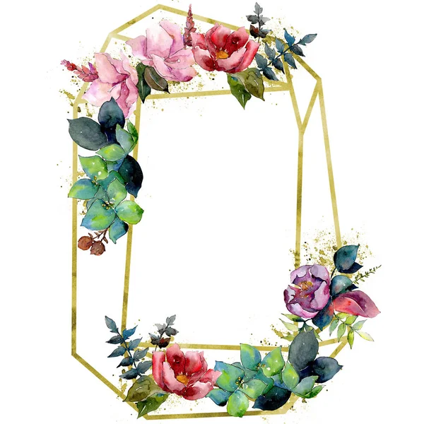 花束组成花卉植物学花。水彩背景插图集。框架边框装饰正方形. — 图库照片