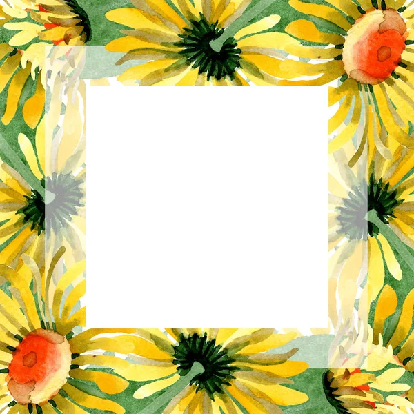 Gul tusensköna blommig botaniska blommor. Akvarell bakgrund illustration set. Ram gränsen prydnad square. — Stockfoto