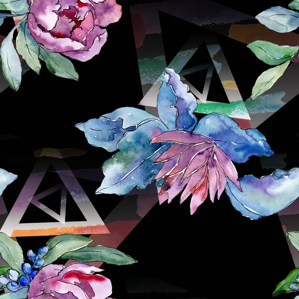 Μωβ μπουκέτο λουλουδιών βοτανικό λουλούδι. Ακουαρέλα φόντο εικόνα σύνολο. Απρόσκοπτη υπόβαθρο μοτίβο. — Φωτογραφία Αρχείου
