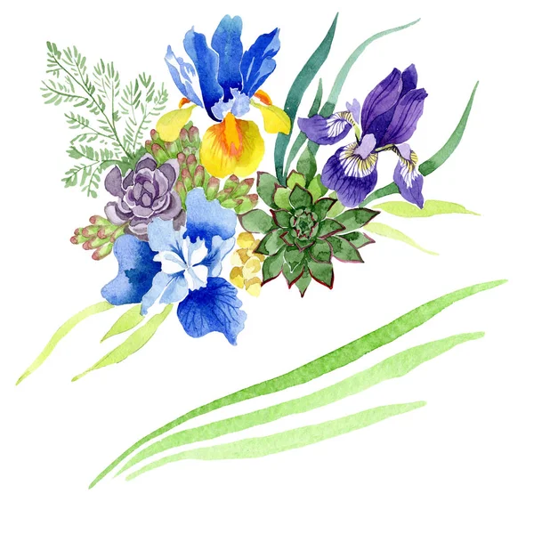 Blå Iris bukett blommor botaniska blommor. Akvarell bakgrunden set. Isolerade bukett illustration element. — Stockfoto