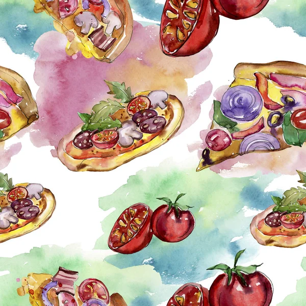 Fast food pizza italiana em um estilo aquarela conjunto isolado. Padrão de fundo sem costura aquarela . — Fotografia de Stock