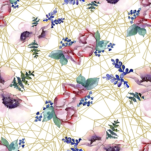 Ramo púrpura flor botánica floral. Conjunto de ilustración de fondo acuarela. Patrón de fondo sin costuras . —  Fotos de Stock