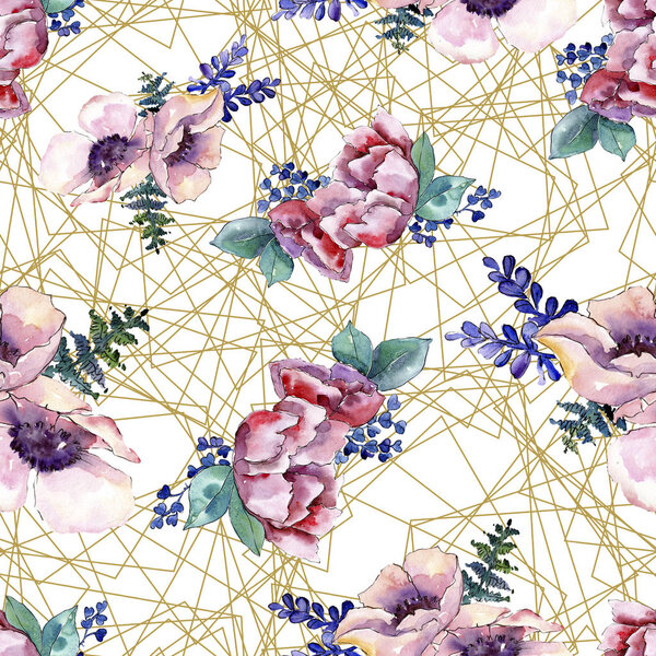 Purple bouquet floral botanical flower. Watercolor background illustration set. Seamless background pattern.