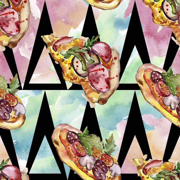 Fast food itallian pizza in a watercolor style isolated set. Watercolour seamless background pattern. — Stock Photo, Image