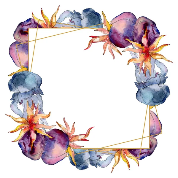 Renkli su sualtı doğa mercan kayalığı. Suluboya arka plan illüstrasyon küme. Çerçeve kenarlığı süsleme Meydanı.