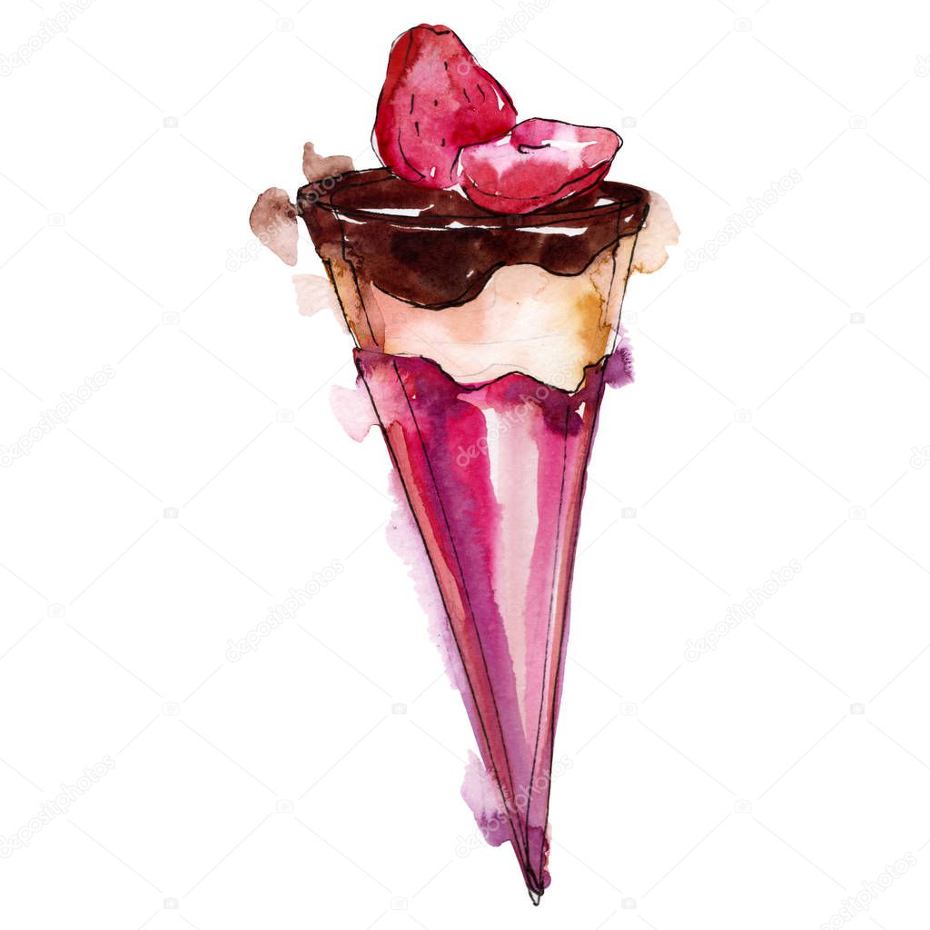 Tasty ice cream cone in a watercolor style isolated. Aquarelle sweet dessert. Background illustration set.