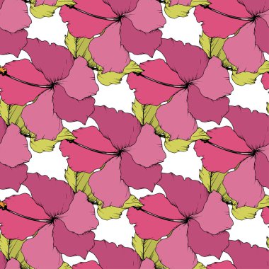 Vektör Hibiscus çiçek botanik çiçek. Oyulmuş mürekkep sanat. Sorunsuz arka plan deseni. Kumaş duvar kağıdı yazdırma doku.
