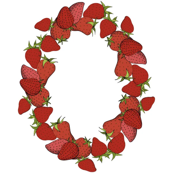 Vector Fraise fruits frais aliments sains. Encre gravée rouge et verte. Cadre bordure ornement carré . — Image vectorielle
