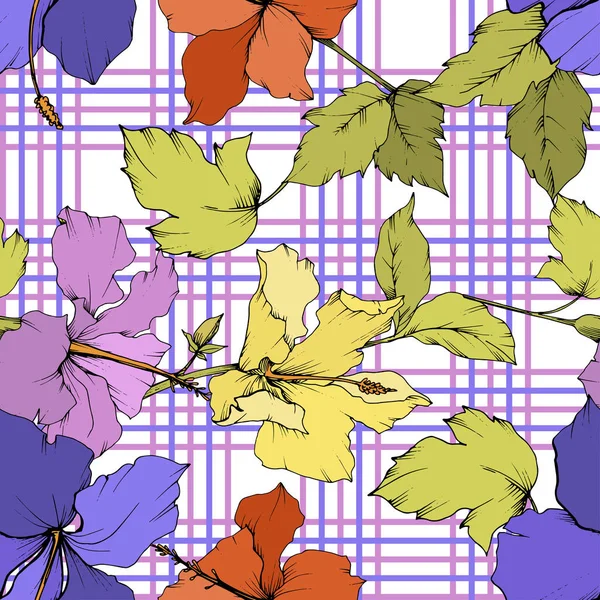 Vector Hibiscus flor botânica floral. Arte de tinta gravada. Padrão de fundo sem costura. Tecido papel de parede impressão textura . — Vetor de Stock