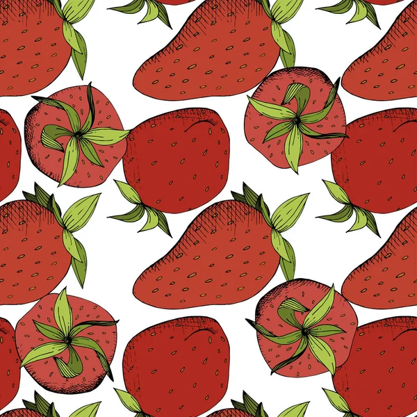 Vektor Erdbeere frisches Obst gesunde Nahrung. rote und grüne Gravurtintenkunst. nahtloses Hintergrundmuster. — Stockvektor
