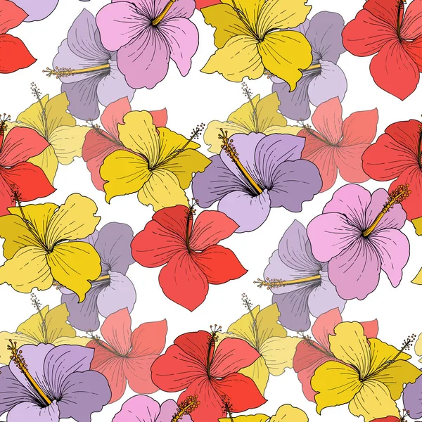 Vector Hibiscus flores tropicales florales. Tinta grabada sobre fondo blanco. Patrón de fondo sin costuras . — Vector de stock