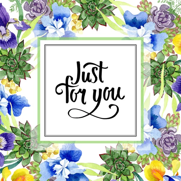 Blå Iris bukett blommor botaniska blommor. Akvarell bakgrund illustration set. Ram gränsen prydnad square. — Stockfoto