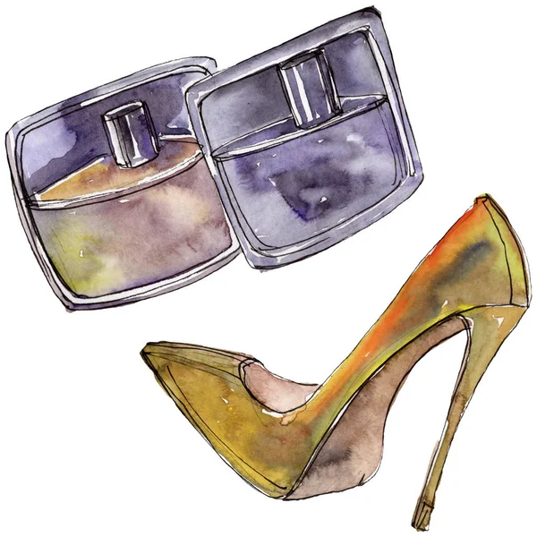 Ilustración de glamour de boceto de perfume y zapato en un elemento aislado de estilo acuarela. Conjunto de fondo acuarela . — Foto de Stock