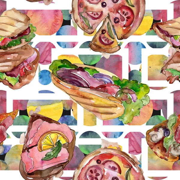 Sanduíche em estilo aquarela. Watercolor fast food elemento ilustração. Padrão de fundo sem costura . — Fotografia de Stock