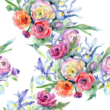 Pembe ve kırmızı buket çiçek botanik çiçekler. Suluboya arka plan illüstrasyon küme. Sorunsuz arka plan deseni.