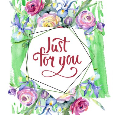 Pembe ve kırmızı buket botanik çiçek. Suluboya arka plan illüstrasyon küme. Çerçeve kenarlığı kristal süsleme Meydanı.