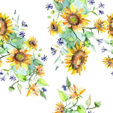 Ayçiçeği buket çiçek botanik çiçekler. Suluboya arka plan illüstrasyon küme. Sorunsuz arka plan deseni.