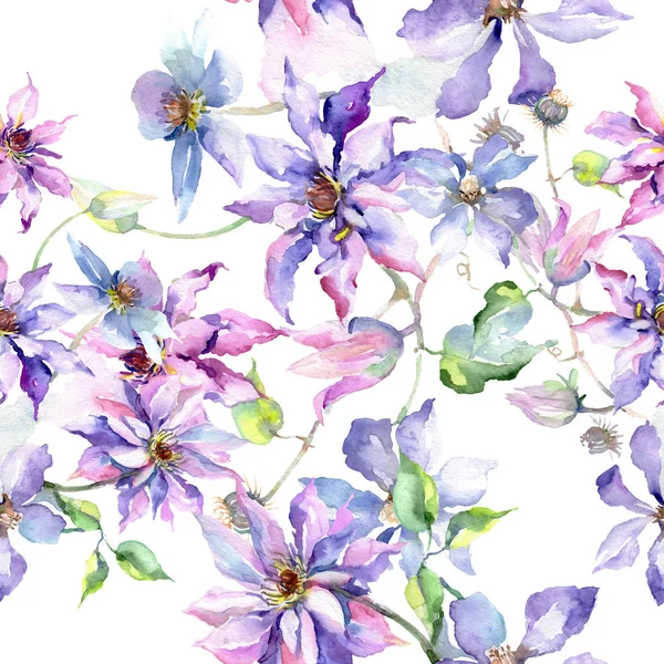 Blå lila klematis bukett blommor botaniska blommor. Akvarell illustration set. Sömlös bakgrundsmönster. — Stockfoto