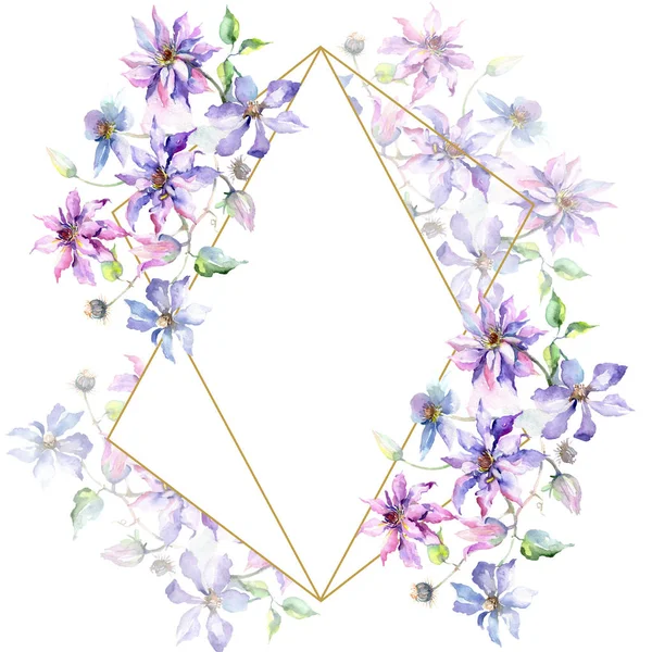 Azul violeta clematis ramo de flores botánicas. Conjunto de ilustración de fondo acuarela. Marco borde ornamento cuadrado . — Foto de Stock