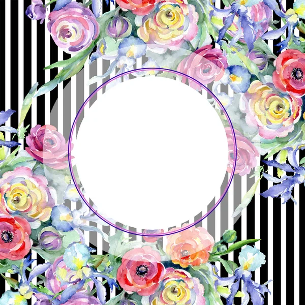 Pembe ve kırmızı buket çiçek botanik çiçekler. Suluboya arka plan illüstrasyon küme. Çerçeve kenarlığı süsleme Meydanı.