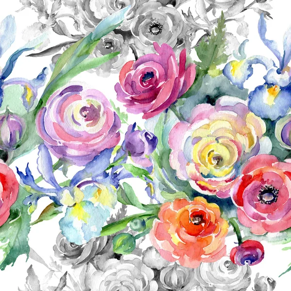 Floral βοτανικό λουλούδια μπουκέτο με ροζ και κόκκινα. Ακουαρέλα φόντο εικόνα σύνολο. Απρόσκοπτη υπόβαθρο μοτίβο. — Φωτογραφία Αρχείου