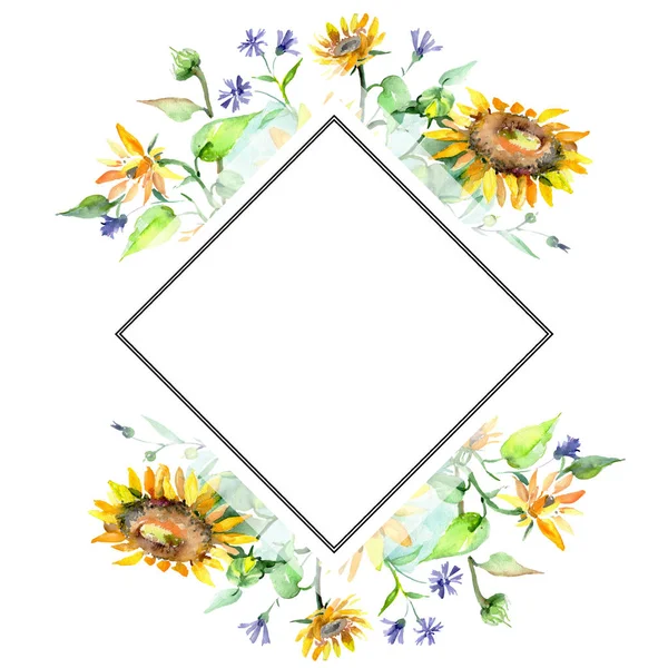 Floarea-soarelui buchet flori florale botanice. Set de ilustrații de fundal acuarelă. Cadru ornament de frontieră pătrat . — Fotografie, imagine de stoc