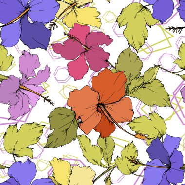 Vektör Hibiscus çiçek botanik çiçek. Oyulmuş mürekkep sanat. Sorunsuz arka plan deseni. Kumaş duvar kağıdı yazdırma doku.