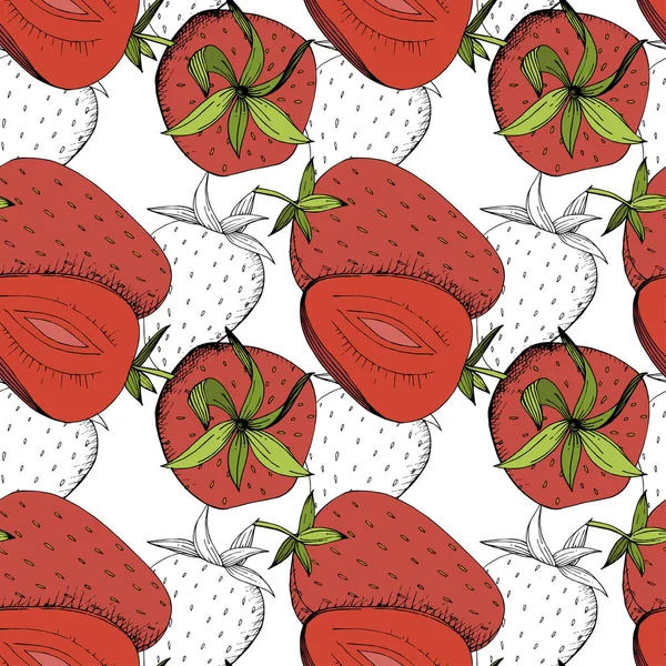 Vector Morango fruta fresca comida saudável. Tinta vermelha e verde gravada arte. Padrão de fundo sem costura . —  Vetores de Stock
