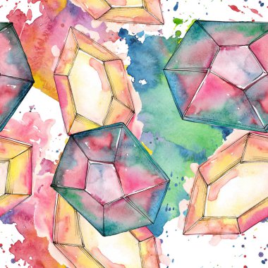 Renkli elmas taş takı mineraller. Suluboya kristal taş arka plan ayarlayın. Sorunsuz arka plan deseni.