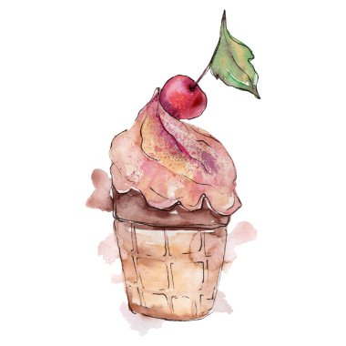 Kiraz izole bir sulu boya stilinde lezzetli pasta. Aquarelle tatlı tatlı. Arka plan illüstrasyon seti.