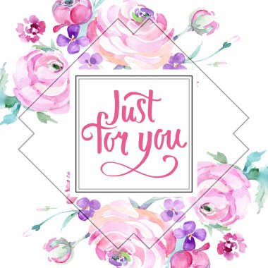 Pembe buket çiçek botanik çiçek gül. Suluboya arka plan illüstrasyon küme. Çerçeve kenarlığı süsleme Meydanı.