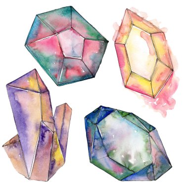 Renkli elmas taş takı mineraller. Suluboya arka plan ayarlamak. İzole kristal illüstrasyon öğesi.