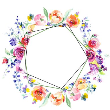 Pembe gül buketi botanik çiçek. Suluboya arka plan illüstrasyon küme. Çerçeve kenarlığı kristal süsleme Meydanı.